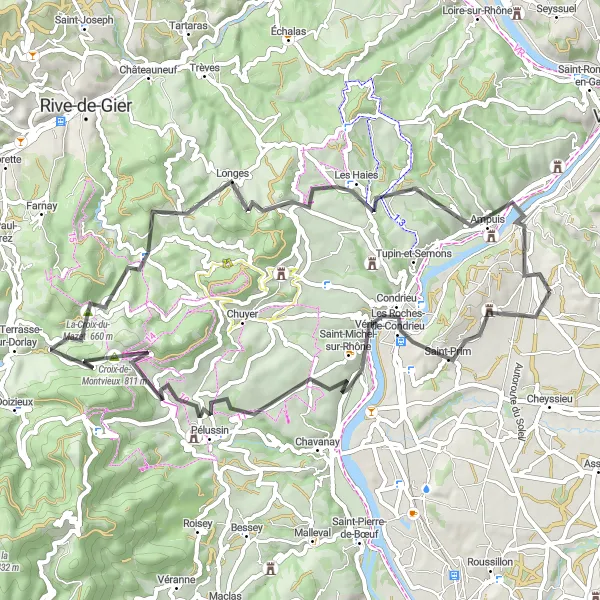 Map miniature of "Condrieu Road Loop" cycling inspiration in Rhône-Alpes, France. Generated by Tarmacs.app cycling route planner