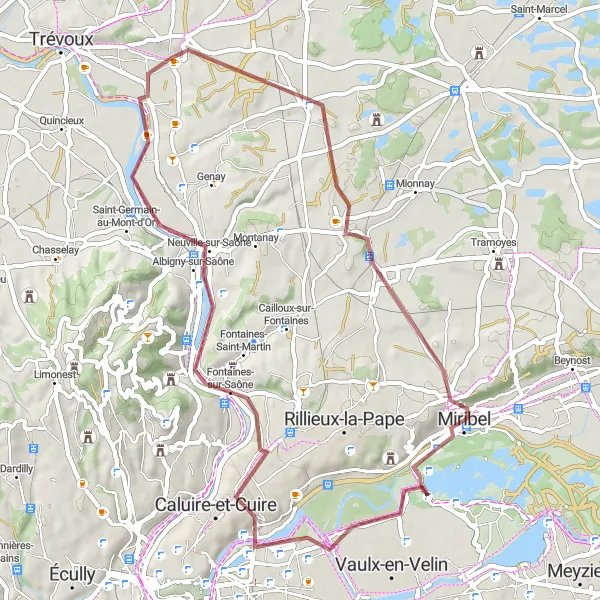 Miniatua del mapa de inspiración ciclista "Ruta de Gravel de Reyrieux a Fontaines-sur-Saône y Civrieux" en Rhône-Alpes, France. Generado por Tarmacs.app planificador de rutas ciclistas