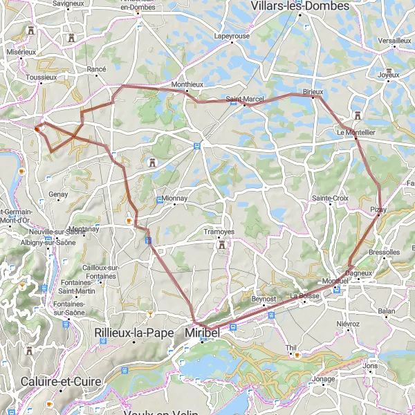 Map miniature of "Gravel Route through Saint-Jean-de-Thurigneux and Beynost" cycling inspiration in Rhône-Alpes, France. Generated by Tarmacs.app cycling route planner