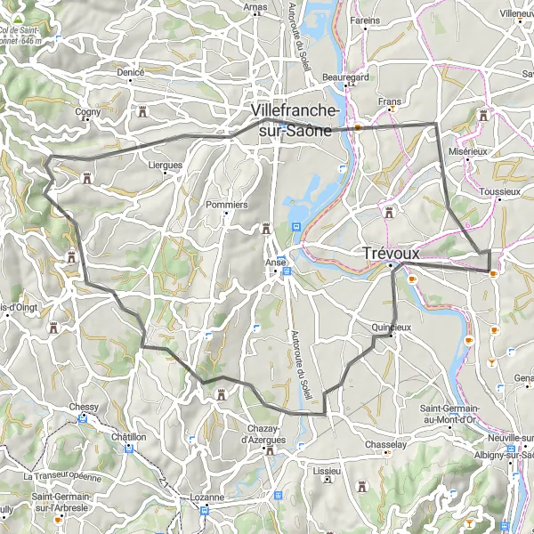 Kartminiatyr av "Landeveistur gjennom maleriske landsbyer" sykkelinspirasjon i Rhône-Alpes, France. Generert av Tarmacs.app sykkelrutoplanlegger