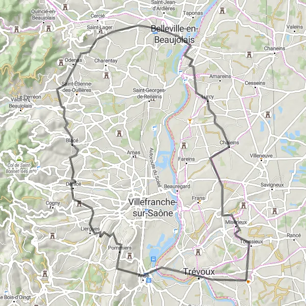 Map miniature of "Road to Beaujolais" cycling inspiration in Rhône-Alpes, France. Generated by Tarmacs.app cycling route planner