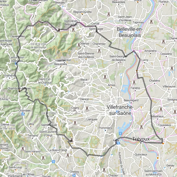 Map miniature of "Challenging Hills of Rhône-Alpes" cycling inspiration in Rhône-Alpes, France. Generated by Tarmacs.app cycling route planner