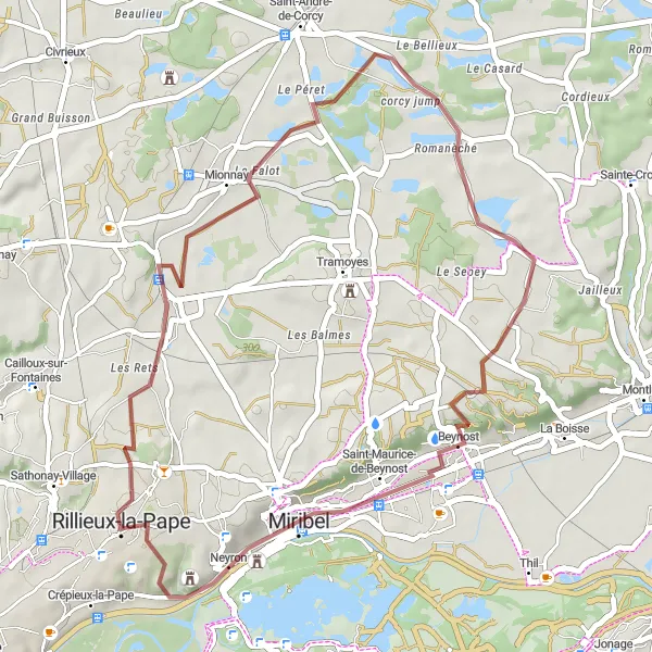Mapa miniatúra "Gravel: Mionnay - Beynost - Neyron" cyklistická inšpirácia v Rhône-Alpes, France. Vygenerované cyklistickým plánovačom trás Tarmacs.app