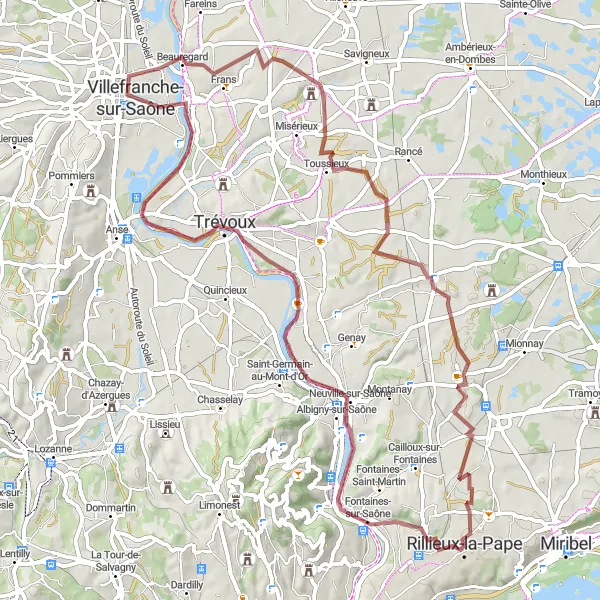 Mapa miniatúra "Gravel: Albigny-sur-Saône - Vancia" cyklistická inšpirácia v Rhône-Alpes, France. Vygenerované cyklistickým plánovačom trás Tarmacs.app