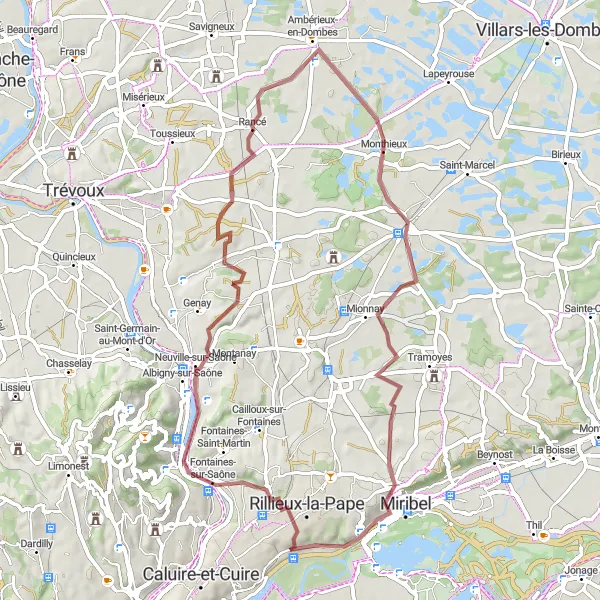 Map miniature of "Scenic Gravel Cycling Route from Rillieux-la-Pape to Saint-André-de-Corcy" cycling inspiration in Rhône-Alpes, France. Generated by Tarmacs.app cycling route planner