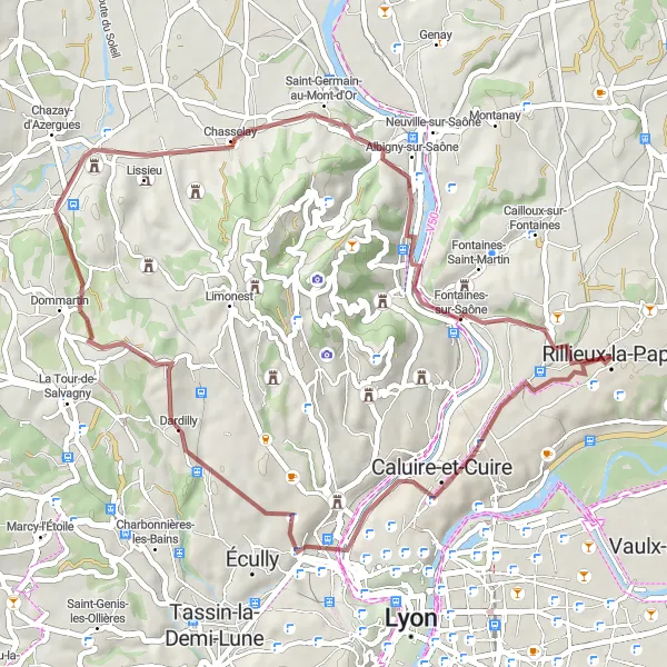 Map miniature of "From Rillieux-la-Pape to Belvédère and the Lanterns of the île Barbe" cycling inspiration in Rhône-Alpes, France. Generated by Tarmacs.app cycling route planner