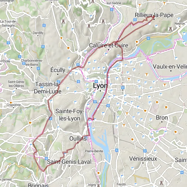 Miniature de la carte de l'inspiration cycliste "Aventure en gravier autour de Lyon" dans la Rhône-Alpes, France. Générée par le planificateur d'itinéraire cycliste Tarmacs.app