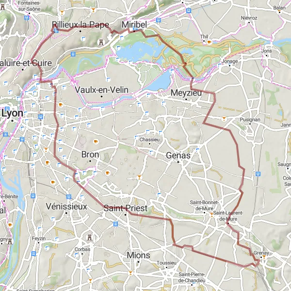 Miniatura mapy "Trasa gravelowa z Rillieux-la-Pape" - trasy rowerowej w Rhône-Alpes, France. Wygenerowane przez planer tras rowerowych Tarmacs.app