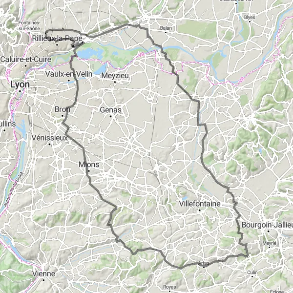 Zemljevid v pomanjšavi "Ruta La Boisse - Neyron" kolesarske inspiracije v Rhône-Alpes, France. Generirano z načrtovalcem kolesarskih poti Tarmacs.app
