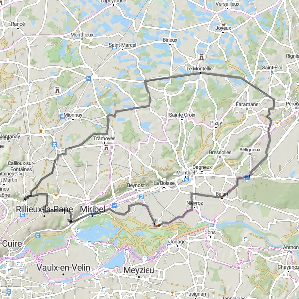 Miniatura della mappa di ispirazione al ciclismo "Escursione in bicicletta vicino a Rillieux-la-Pape" nella regione di Rhône-Alpes, France. Generata da Tarmacs.app, pianificatore di rotte ciclistiche