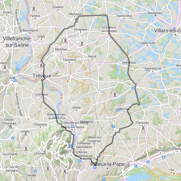 Map miniature of "Road Route around Rillieux-la-Pape" cycling inspiration in Rhône-Alpes, France. Generated by Tarmacs.app cycling route planner