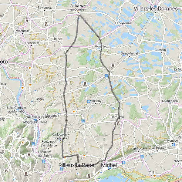 Zemljevid v pomanjšavi "Cestna vožnja skozi Rhône-Alpes" kolesarske inspiracije v Rhône-Alpes, France. Generirano z načrtovalcem kolesarskih poti Tarmacs.app