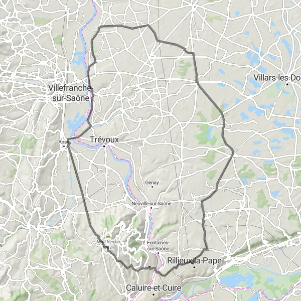 Map miniature of "Road Route to Mont Cindre" cycling inspiration in Rhône-Alpes, France. Generated by Tarmacs.app cycling route planner