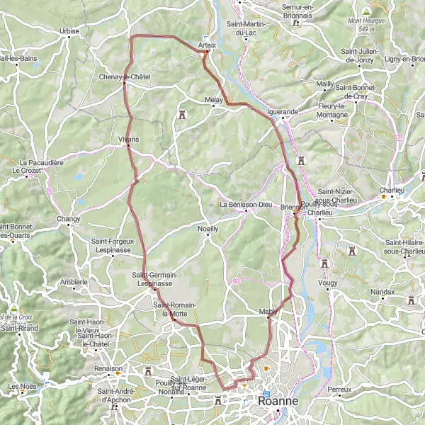 Karttaminiaatyyri "Saint-Germain-Lespinasse - Vivans - Artaix - Briennon - Riorges" pyöräilyinspiraatiosta alueella Rhône-Alpes, France. Luotu Tarmacs.app pyöräilyreittisuunnittelijalla