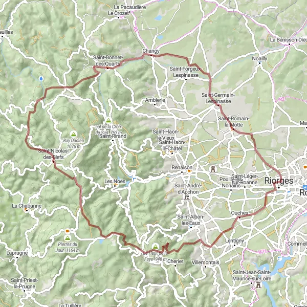 Karttaminiaatyyri "Ouches - Le Haut de la Faye - Saint-Nicolas-des-Biefs - Riorges" pyöräilyinspiraatiosta alueella Rhône-Alpes, France. Luotu Tarmacs.app pyöräilyreittisuunnittelijalla