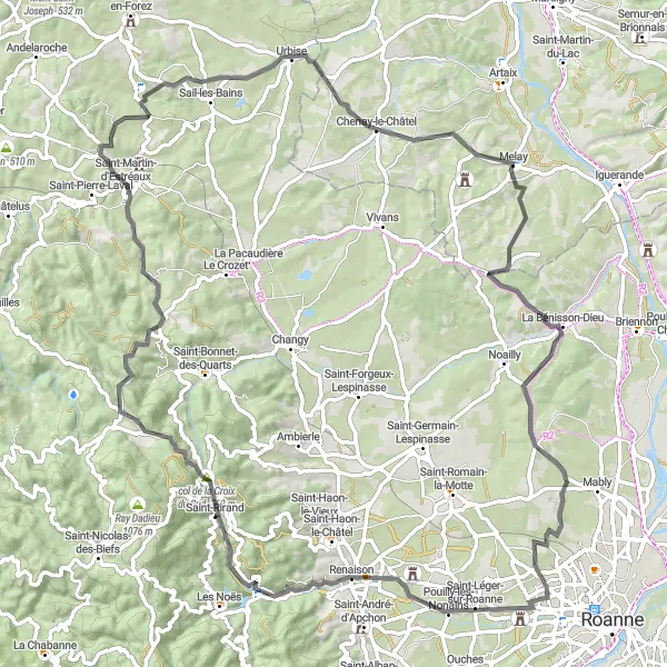 Miniature de la carte de l'inspiration cycliste "Boucle des collines du Roannais" dans la Rhône-Alpes, France. Générée par le planificateur d'itinéraire cycliste Tarmacs.app