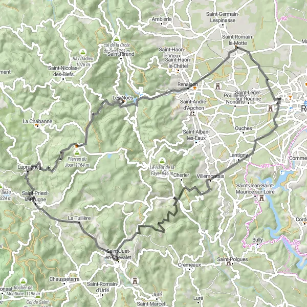 Karttaminiaatyyri "Villemontais - Saint-Priest-la-Prugne - Les Noës - Riorges" pyöräilyinspiraatiosta alueella Rhône-Alpes, France. Luotu Tarmacs.app pyöräilyreittisuunnittelijalla