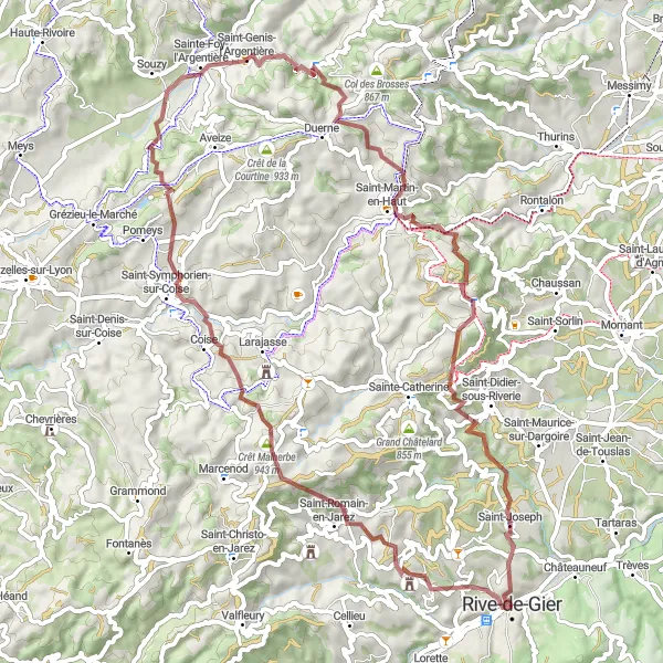 Miniaturní mapa "Gravel kruhová trasa okolo Rive-de-Gier" inspirace pro cyklisty v oblasti Rhône-Alpes, France. Vytvořeno pomocí plánovače tras Tarmacs.app