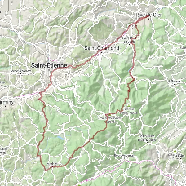 Miniaturní mapa "Gravel cyklotrasa kolem Rive-de-Gier" inspirace pro cyklisty v oblasti Rhône-Alpes, France. Vytvořeno pomocí plánovače tras Tarmacs.app