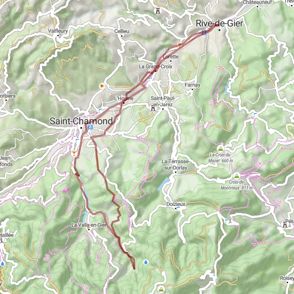 Miniaturní mapa "Gravel trasa v okolí Rive-de-Gier" inspirace pro cyklisty v oblasti Rhône-Alpes, France. Vytvořeno pomocí plánovače tras Tarmacs.app