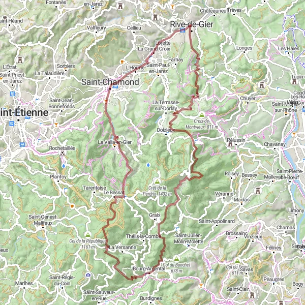 Miniature de la carte de l'inspiration cycliste "Parcours épique de gravel près de Rive-de-Gier" dans la Rhône-Alpes, France. Générée par le planificateur d'itinéraire cycliste Tarmacs.app