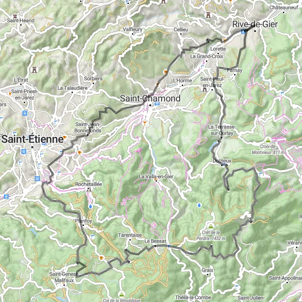Miniature de la carte de l'inspiration cycliste "Les Hautes Chaumes du Pilat" dans la Rhône-Alpes, France. Générée par le planificateur d'itinéraire cycliste Tarmacs.app