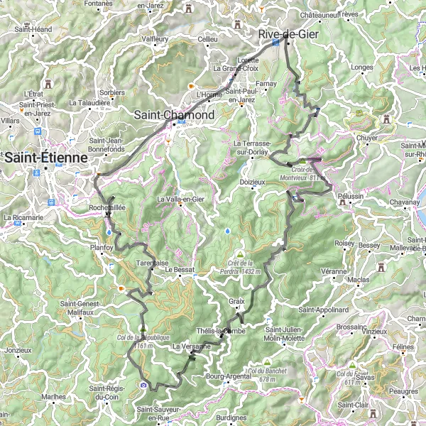 Miniature de la carte de l'inspiration cycliste "Les Collines du Pilat" dans la Rhône-Alpes, France. Générée par le planificateur d'itinéraire cycliste Tarmacs.app