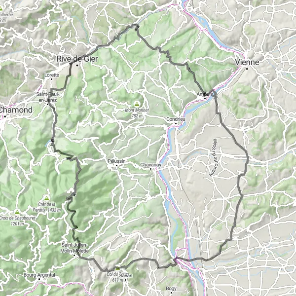 Kartminiatyr av "Rive-de-Gier til Col du Fayet sykkelrute" sykkelinspirasjon i Rhône-Alpes, France. Generert av Tarmacs.app sykkelrutoplanlegger