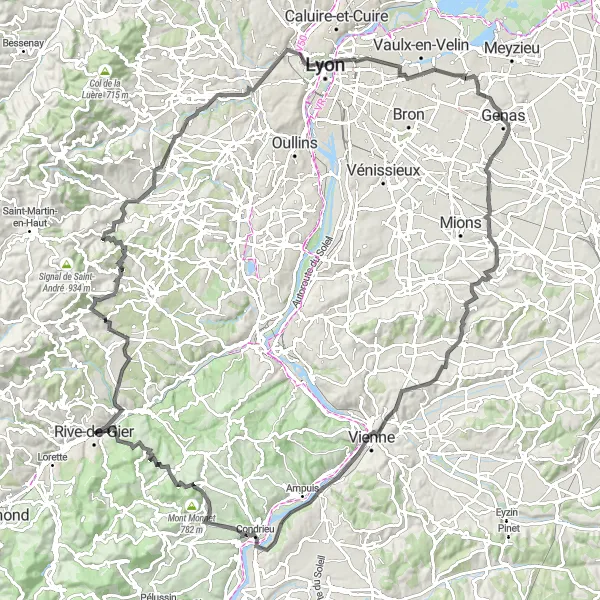 Miniature de la carte de l'inspiration cycliste "Tour de route panoramique depuis Rive-de-Gier" dans la Rhône-Alpes, France. Générée par le planificateur d'itinéraire cycliste Tarmacs.app