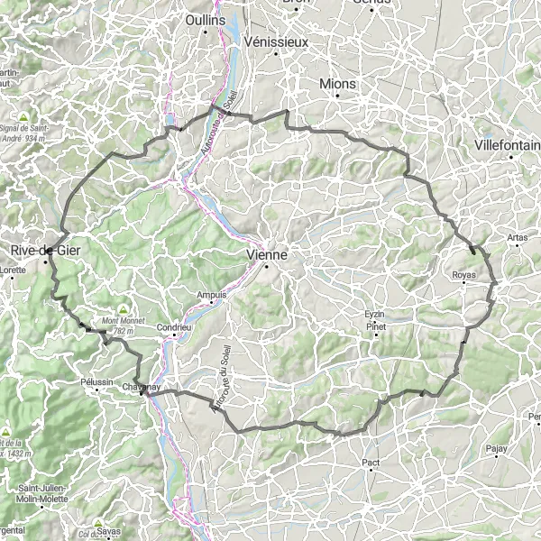 Zemljevid v pomanjšavi "Kolesarska pot Châteauneuf - Rive-de-Gier" kolesarske inspiracije v Rhône-Alpes, France. Generirano z načrtovalcem kolesarskih poti Tarmacs.app