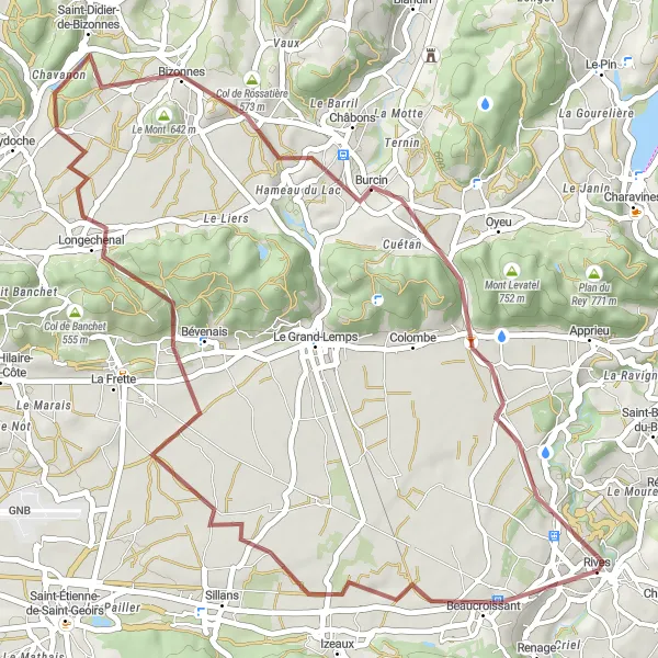 Miniatuurkaart van de fietsinspiratie "Gravel Fietsroute van Beaucroissant naar Rives" in Rhône-Alpes, France. Gemaakt door de Tarmacs.app fietsrouteplanner