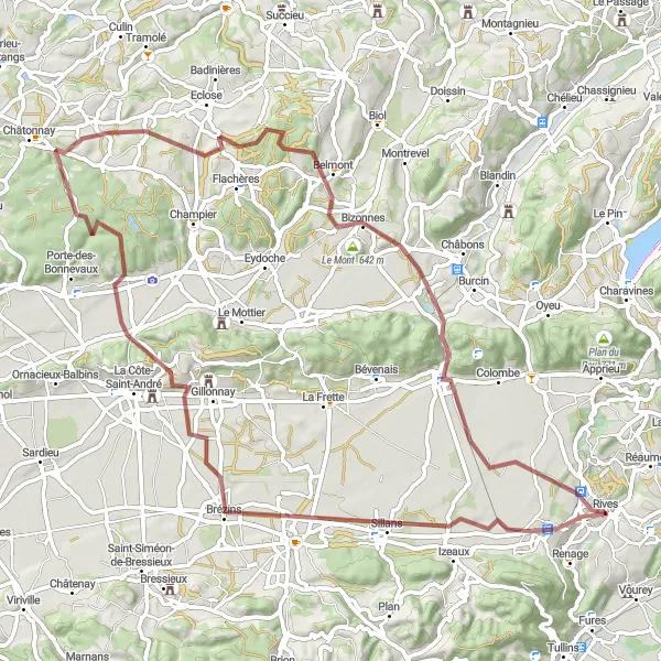 Map miniature of "Gravel Route through Brézins and Poulardière" cycling inspiration in Rhône-Alpes, France. Generated by Tarmacs.app cycling route planner