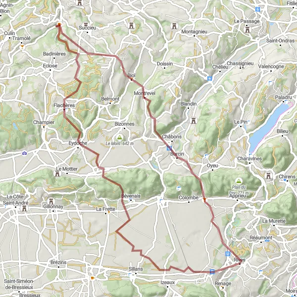 Map miniature of "Gravel Route through Longechenal and Châbons" cycling inspiration in Rhône-Alpes, France. Generated by Tarmacs.app cycling route planner