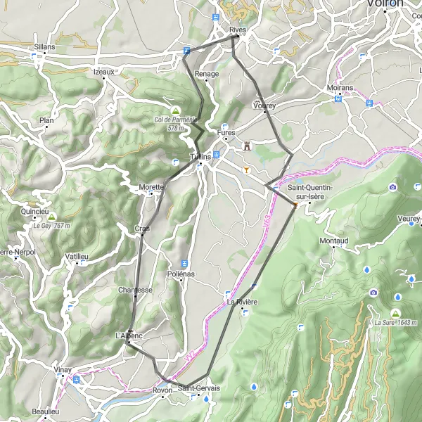 Zemljevid v pomanjšavi "Pot do Rivesa in nazaj" kolesarske inspiracije v Rhône-Alpes, France. Generirano z načrtovalcem kolesarskih poti Tarmacs.app