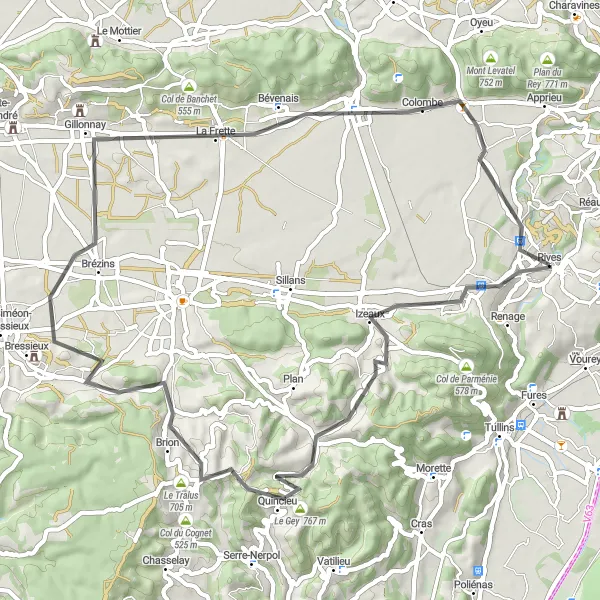 Miniatua del mapa de inspiración ciclista "Ruta en Carretera desde Rives" en Rhône-Alpes, France. Generado por Tarmacs.app planificador de rutas ciclistas