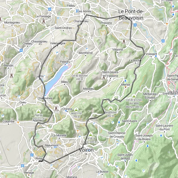Karttaminiaatyyri "Rives - Apprieu - Mont Follet - Les Abrets - Saint-Bueil - Col du Pilori - Monure vue 180° - Charnècles - Rives" pyöräilyinspiraatiosta alueella Rhône-Alpes, France. Luotu Tarmacs.app pyöräilyreittisuunnittelijalla