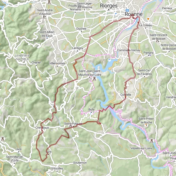 Miniatuurkaart van de fietsinspiratie "Gravelavontuur rond Roanne" in Rhône-Alpes, France. Gemaakt door de Tarmacs.app fietsrouteplanner