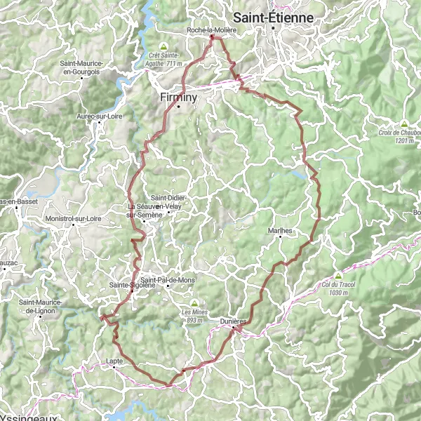 Map miniature of "Gravel Adventure in the Pilat Regional Natural Park" cycling inspiration in Rhône-Alpes, France. Generated by Tarmacs.app cycling route planner
