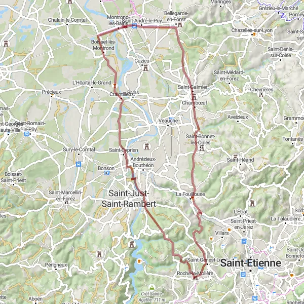 Karttaminiaatyyri "Kiehtova Gravel-reitti Bellegarde-en-Foreziin" pyöräilyinspiraatiosta alueella Rhône-Alpes, France. Luotu Tarmacs.app pyöräilyreittisuunnittelijalla