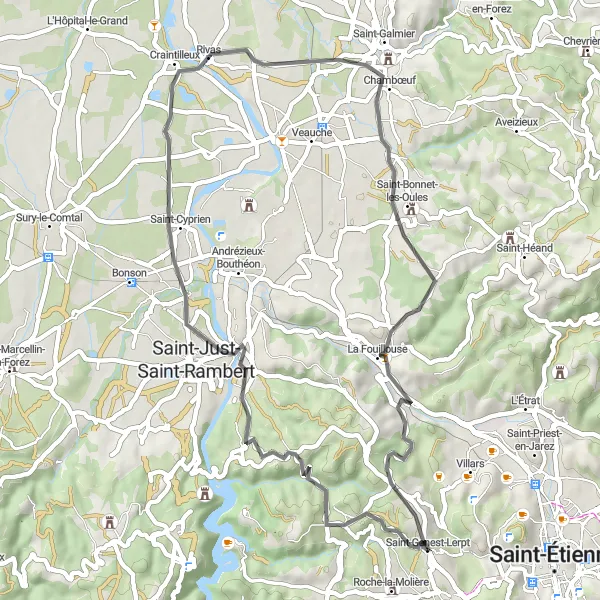 Miniatura mapy "Trasa przez Saint-Genest-Lerpt, Saint-Just-Saint-Rambert i Cizeron" - trasy rowerowej w Rhône-Alpes, France. Wygenerowane przez planer tras rowerowych Tarmacs.app