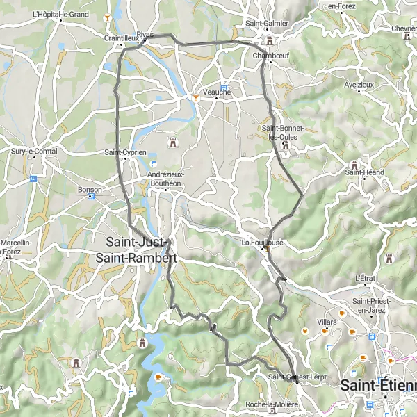 Mapa miniatúra "Okruh cez Saint-Genest-Lerpt, Saint-Just-Saint-Rambert, Saint-Galmier, La Fouillouse a Cizeron" cyklistická inšpirácia v Rhône-Alpes, France. Vygenerované cyklistickým plánovačom trás Tarmacs.app