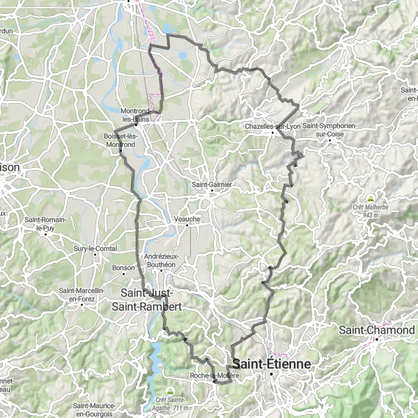 Miniatura della mappa di ispirazione al ciclismo "Tour ciclistico tra Craintilleux e Saint-Priest-en-Jarez" nella regione di Rhône-Alpes, France. Generata da Tarmacs.app, pianificatore di rotte ciclistiche