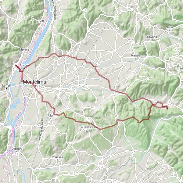Miniatura della mappa di ispirazione al ciclismo "Avventura tra i paesaggi di Savasse e Montélimar" nella regione di Rhône-Alpes, France. Generata da Tarmacs.app, pianificatore di rotte ciclistiche