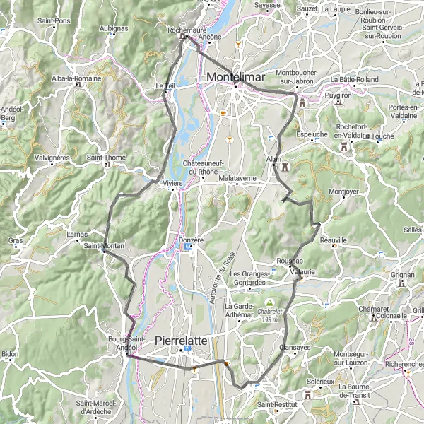 Karttaminiaatyyri "Matka Montélimariin" pyöräilyinspiraatiosta alueella Rhône-Alpes, France. Luotu Tarmacs.app pyöräilyreittisuunnittelijalla