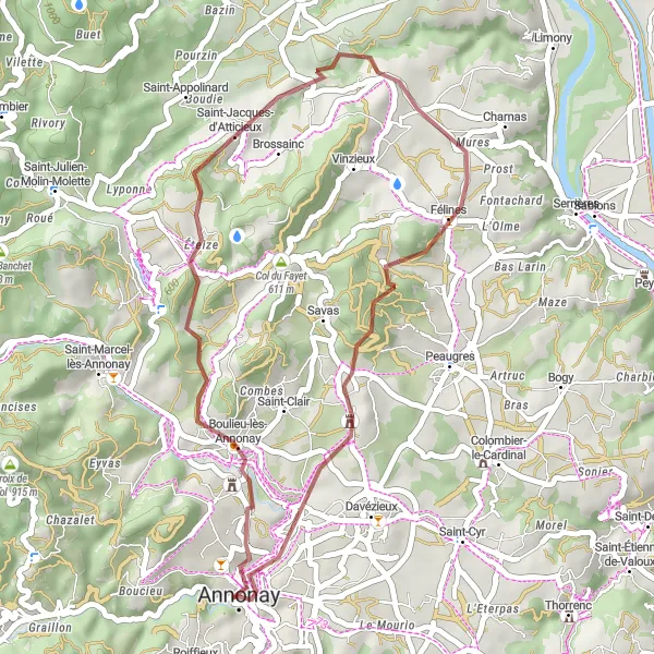 Map miniature of "Gravel Route via Boulieu-lès-Annonay and Montagne Sainte-Blandine" cycling inspiration in Rhône-Alpes, France. Generated by Tarmacs.app cycling route planner