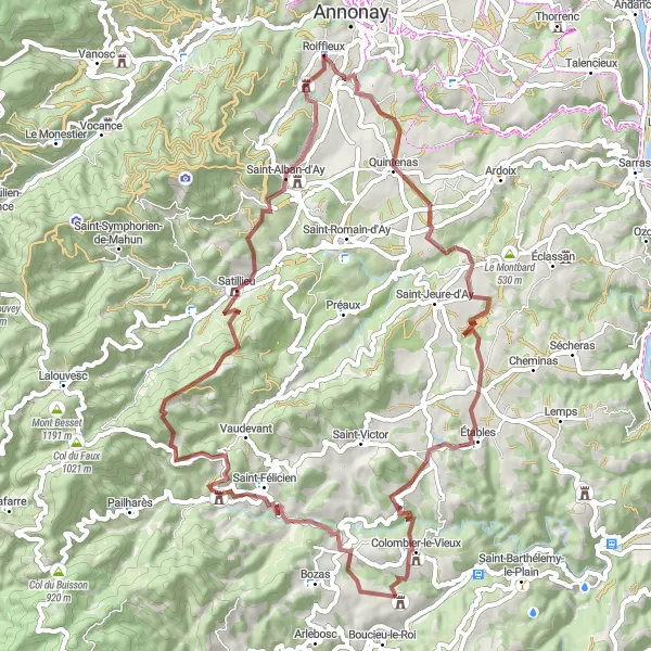 Map miniature of "Gravel Riding Delight in Rhône-Alpes" cycling inspiration in Rhône-Alpes, France. Generated by Tarmacs.app cycling route planner