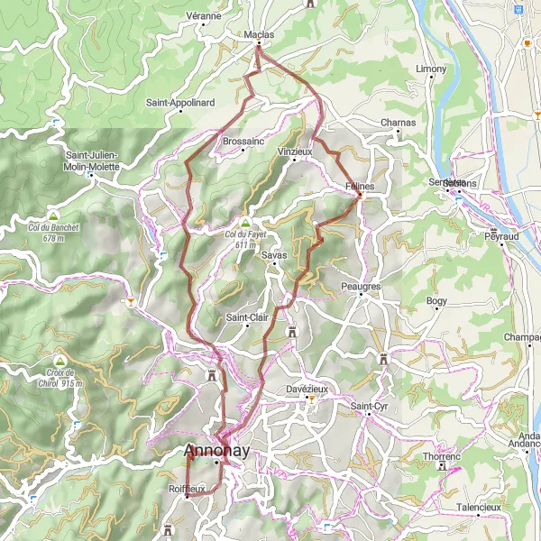 Map miniature of "Scenic Gravel Route through Boulieu-lès-Annonay and Félines" cycling inspiration in Rhône-Alpes, France. Generated by Tarmacs.app cycling route planner