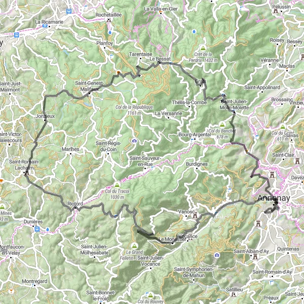 Map miniature of "Cycling Route Around Roiffieux" cycling inspiration in Rhône-Alpes, France. Generated by Tarmacs.app cycling route planner