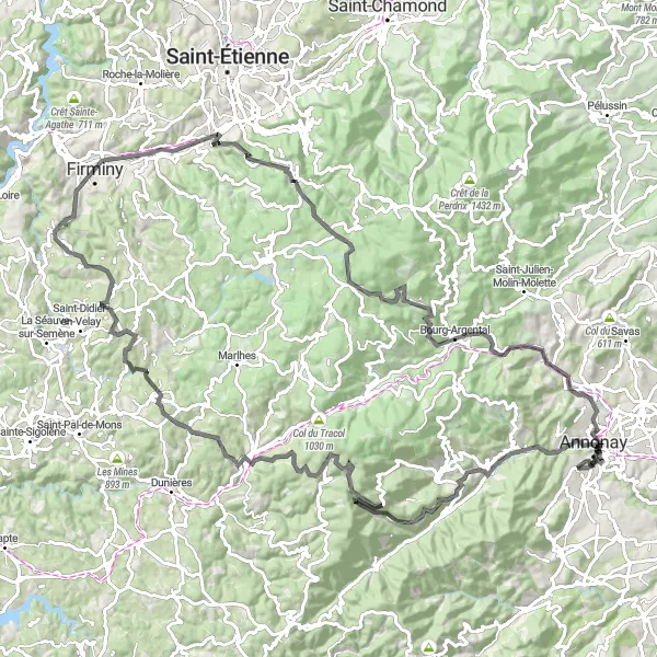Map miniature of "Road Route to Villevocance and Col de la République" cycling inspiration in Rhône-Alpes, France. Generated by Tarmacs.app cycling route planner