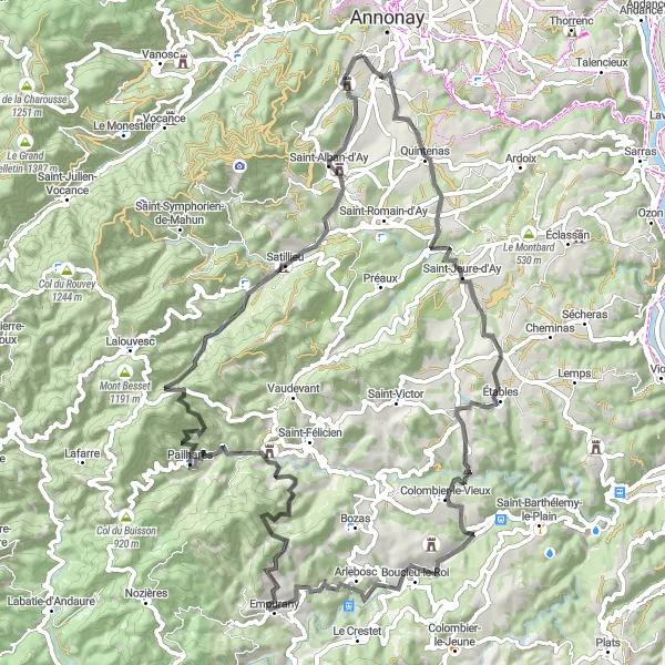 Map miniature of "Road Route with Col de la Croix du Perrier and Col du Tracoulet" cycling inspiration in Rhône-Alpes, France. Generated by Tarmacs.app cycling route planner